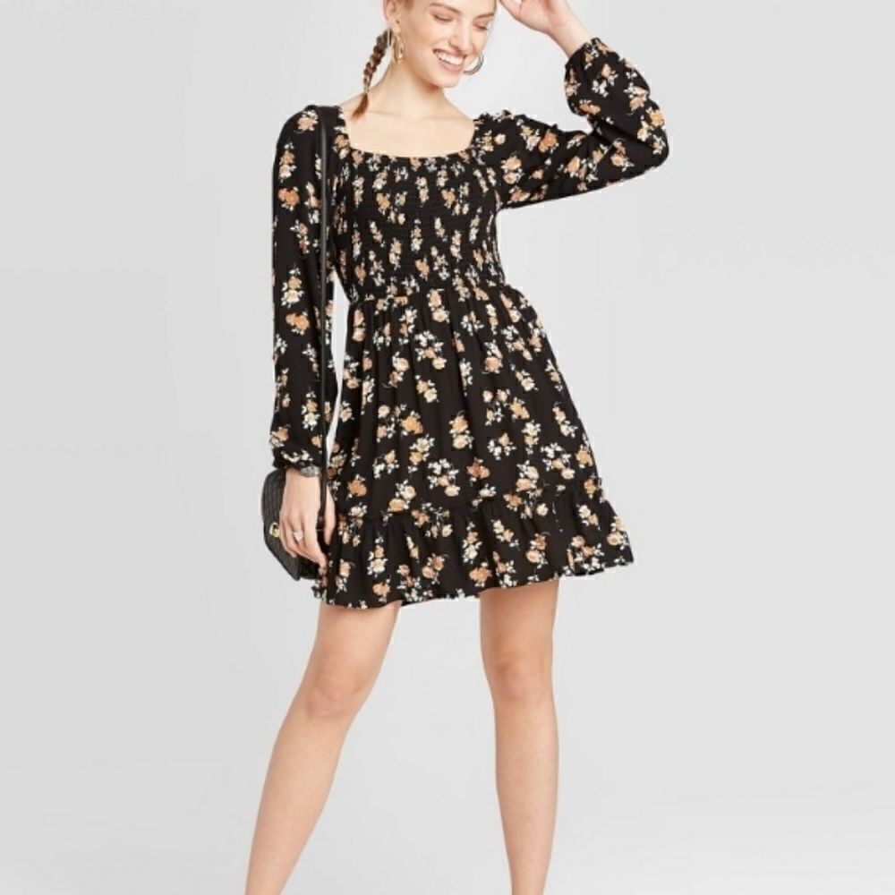 Women's Floral Print long slvs Square Neck dress S